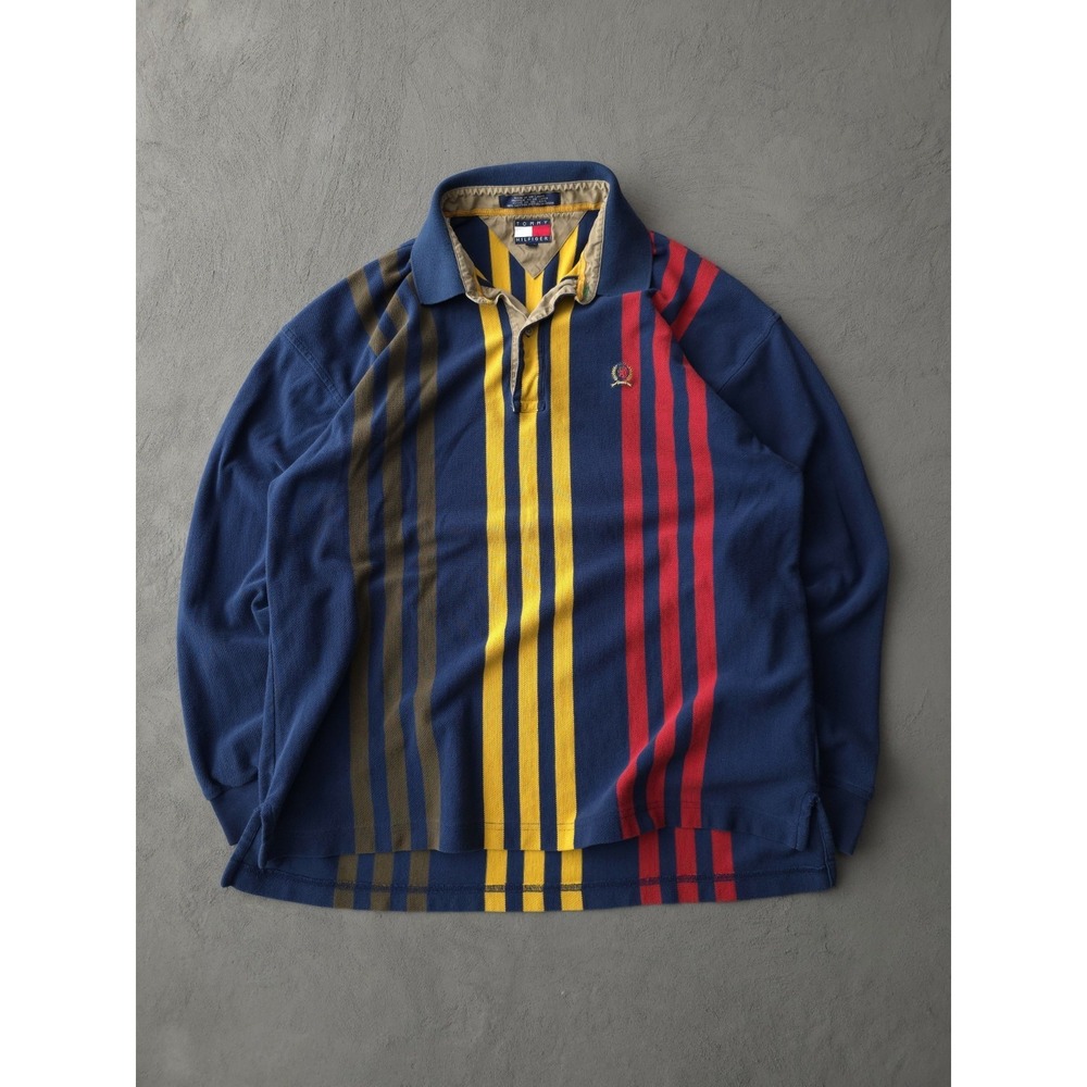 Vintage 90s Tommy Hilfiger Striped Blue Cotton Polo Shirt Long Sleeve XL